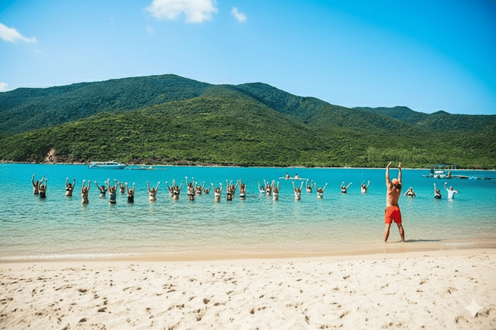Travelers can swim in calm waters or relax on the soft sand under palm trees